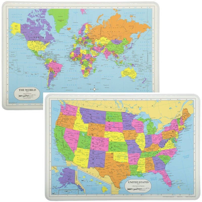 Painless Learning Educational Placemats Sets USA Map and World Map Non Slip Washable Large