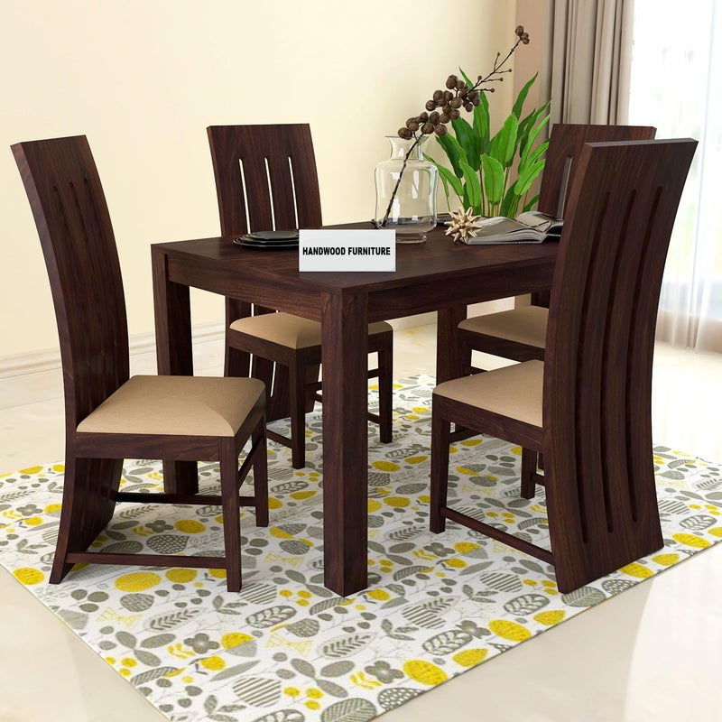 HANDWOOD FURNITURE Premium Sheesham Wood Dining Table 45x30 with 4 Chairs 4 Seater Dining Set Wooden Dining Table with Chair Dining Room Furniture Walnut Finish with Cream Cushions