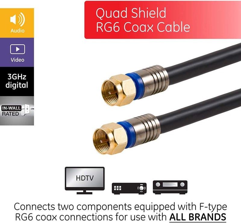 GE Coaxial Cable, 100ft, RG6, F-Type Connectors, Double Shielded Coax, Input Output, Low Loss Coax, Ideal for TV Antenna, DVR, VCR, Satellite Receiver, Cable Box, Home Theater, Black, 34842 - Image 2
