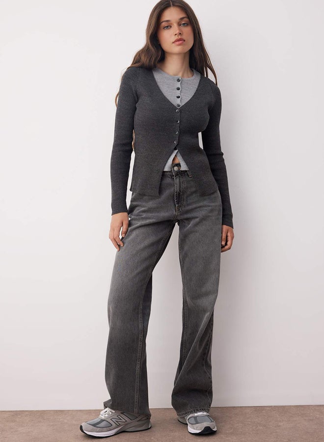 trendyol Anthracite Fitted Body Fitted Color Block Knitwear Cardigan - Image 2