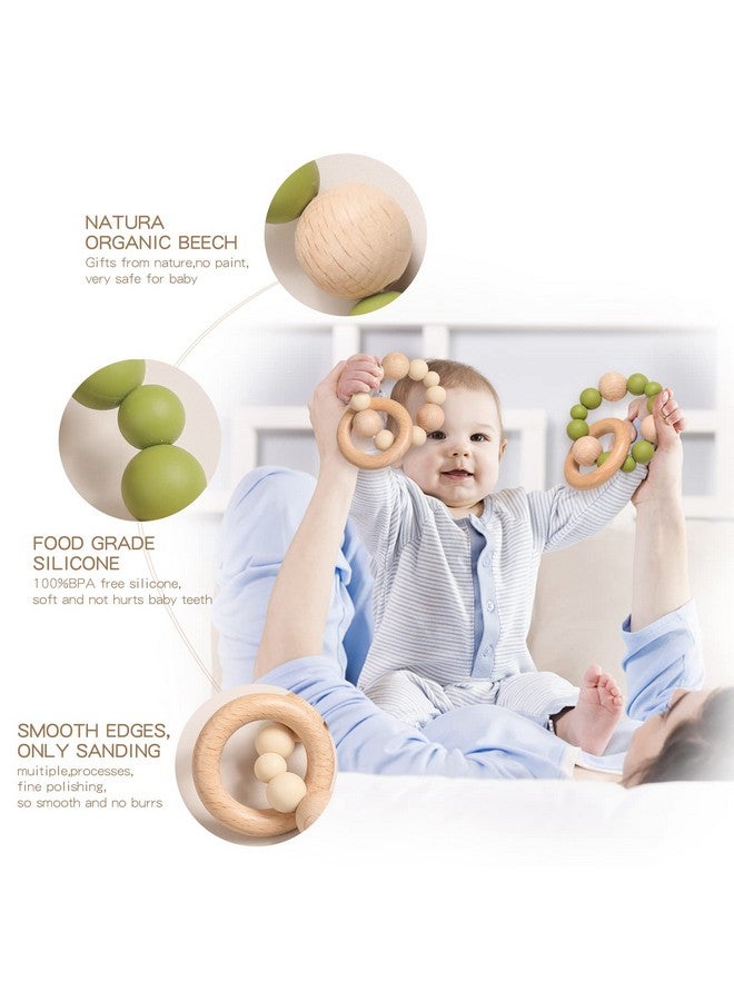 Promise Babe Promise Babe Silicone Baby Teether, Food Grade Silicone & Beech Baby Teething Ring Retro Color Bracelet 2pc Set Baby Ring Wooden Baby Nursing Bracelet  - Image 2