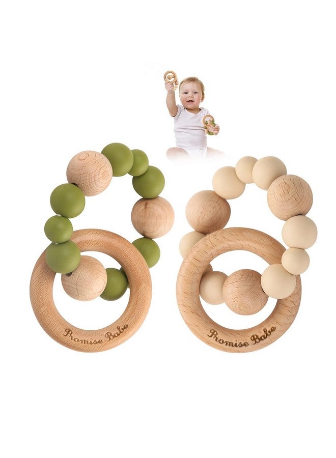 Promise Babe Promise Babe Silicone Baby Teether, Food Grade Silicone & Beech Baby Teething Ring Retro Color Bracelet 2pc Set Baby Ring Wooden Baby Nursing Bracelet  - Image 1