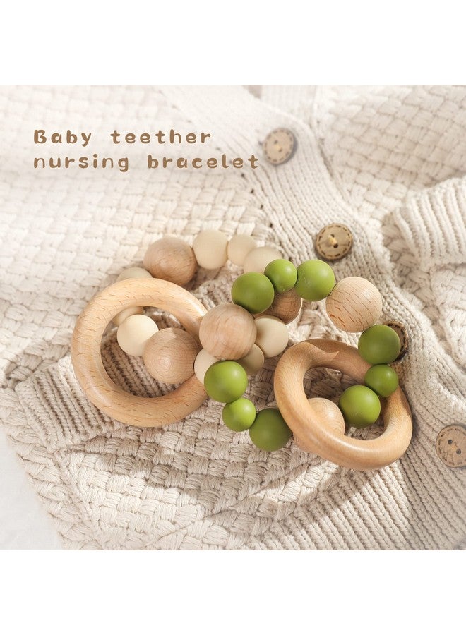 Promise Babe Promise Babe Silicone Baby Teether, Food Grade Silicone & Beech Baby Teething Ring Retro Color Bracelet 2pc Set Baby Ring Wooden Baby Nursing Bracelet  - Image 3