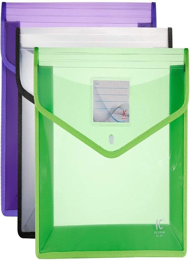 FEDUS Multicolor Documents Envelope Folder, File Storage Bag with Snap Button Transparent Plastic Files for documents File Holder/Document Folder for Certificates Legal Documents Organizers,Pack of 3 - Image 1