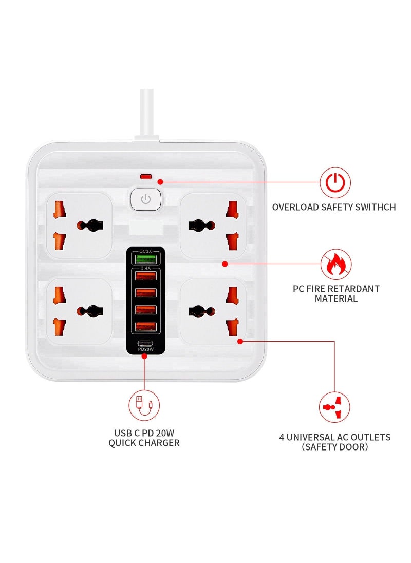 Power Socket / Power Strip / Power Extension with TYPE-C PD 20W + USB QC 3.0 Fast Charging 6 Ports, Universal Power Socket / 4-Way Power Strip / 2m Extension Cable White - Image 4