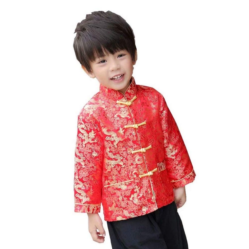 SZCQ Little Boys Dragon Tang Coat Long Sleeve Chinese Clothing Children Costumes Boy Jackets Outfit Tops (Red, 12) - Image 3