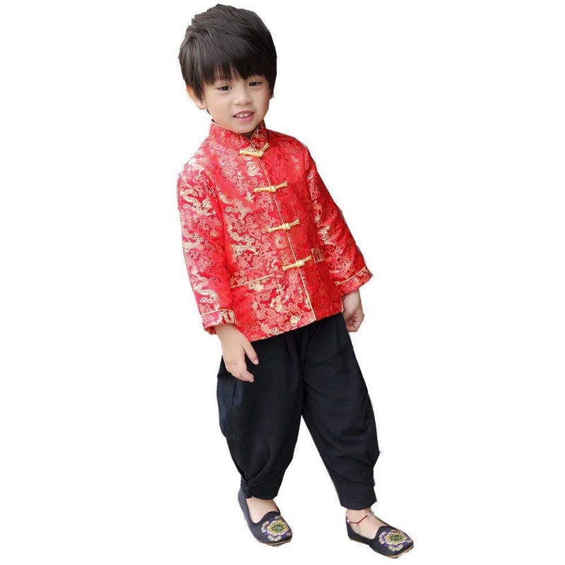 SZCQ Little Boys Dragon Tang Coat Long Sleeve Chinese Clothing Children Costumes Boy Jackets Outfit Tops (Red, 12) - Image 5