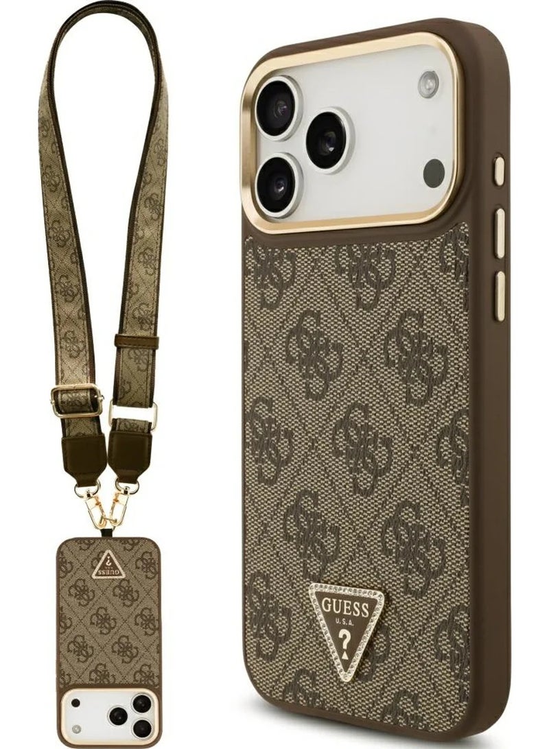 جس جراب Guess 4G Triangle Logo & Big Strap Metal Buttons MagSafe لهاتف iPhone 17 Pro Max بني - Image 1