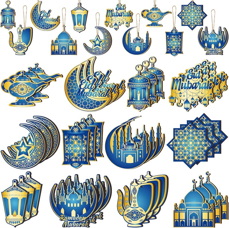 Patelai 36 Pcs Ramadan Ornaments for Tree - Wooden Eid Mubarak Decorations in Blue and Gold - Image 1