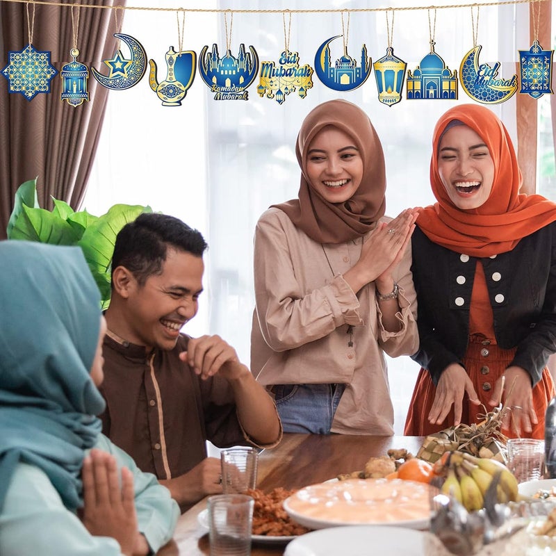 Patelai 36 Pcs Ramadan Ornaments for Tree - Wooden Eid Mubarak Decorations in Blue and Gold - Image 4