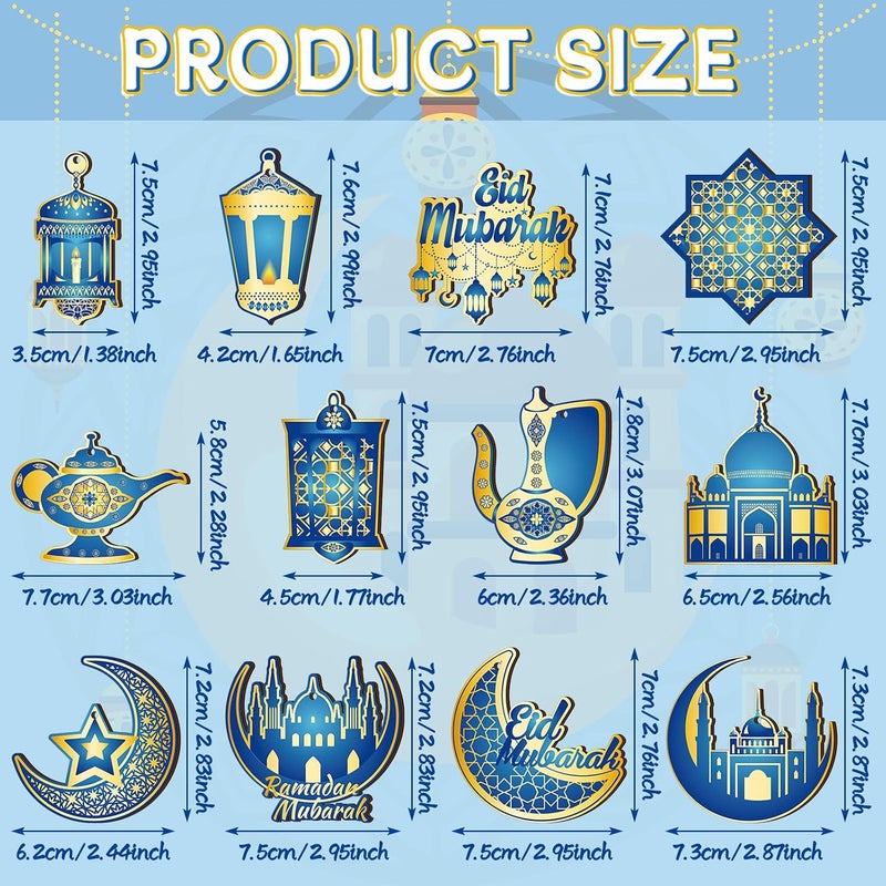 Patelai 36 Pcs Ramadan Ornaments for Tree - Wooden Eid Mubarak Decorations in Blue and Gold - Image 2