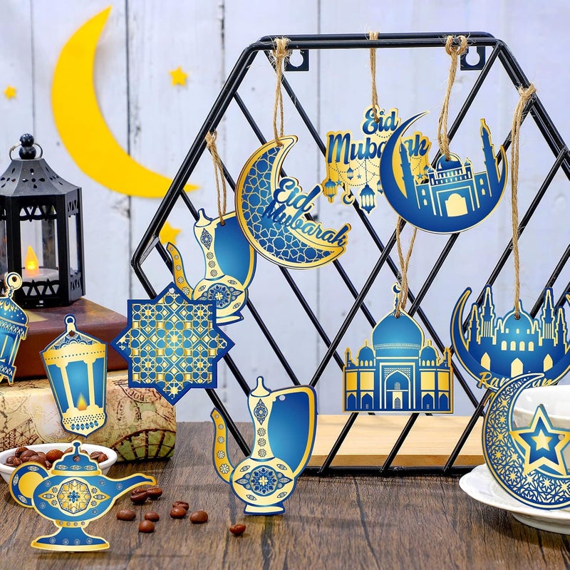 Patelai 36 Pcs Ramadan Ornaments for Tree - Wooden Eid Mubarak Decorations in Blue and Gold - Image 3