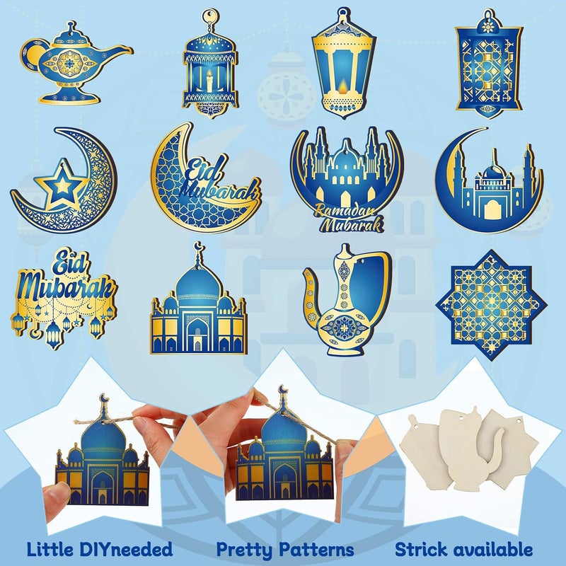 Patelai 36 Pcs Ramadan Ornaments for Tree - Wooden Eid Mubarak Decorations in Blue and Gold - Image 5