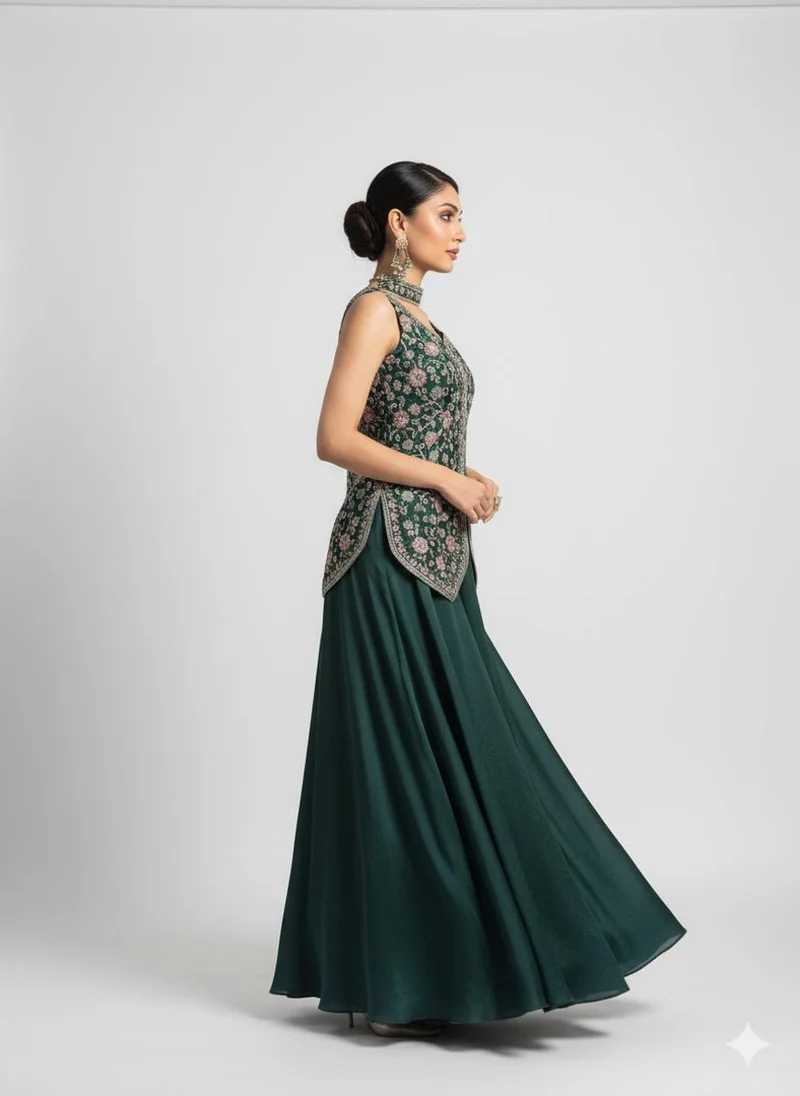 Lehar Green Embroidered Short Kurti with Matching Palazzo Pants &amp; Dupatta