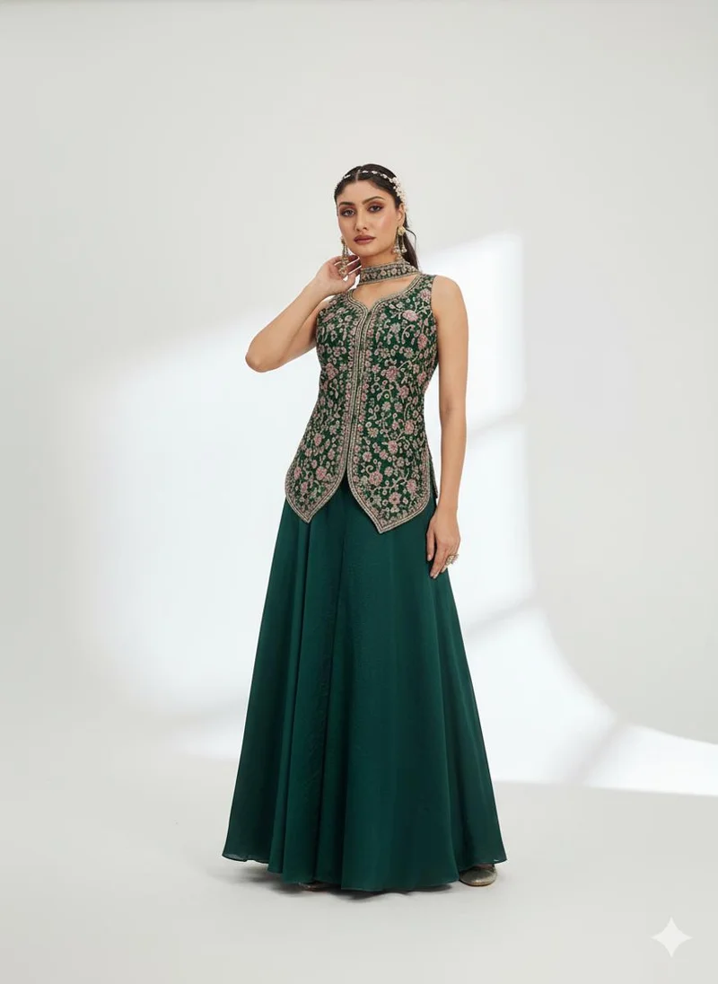 Green Embroidered Short Kurti with Matching Palazzo Pants & Dupatta