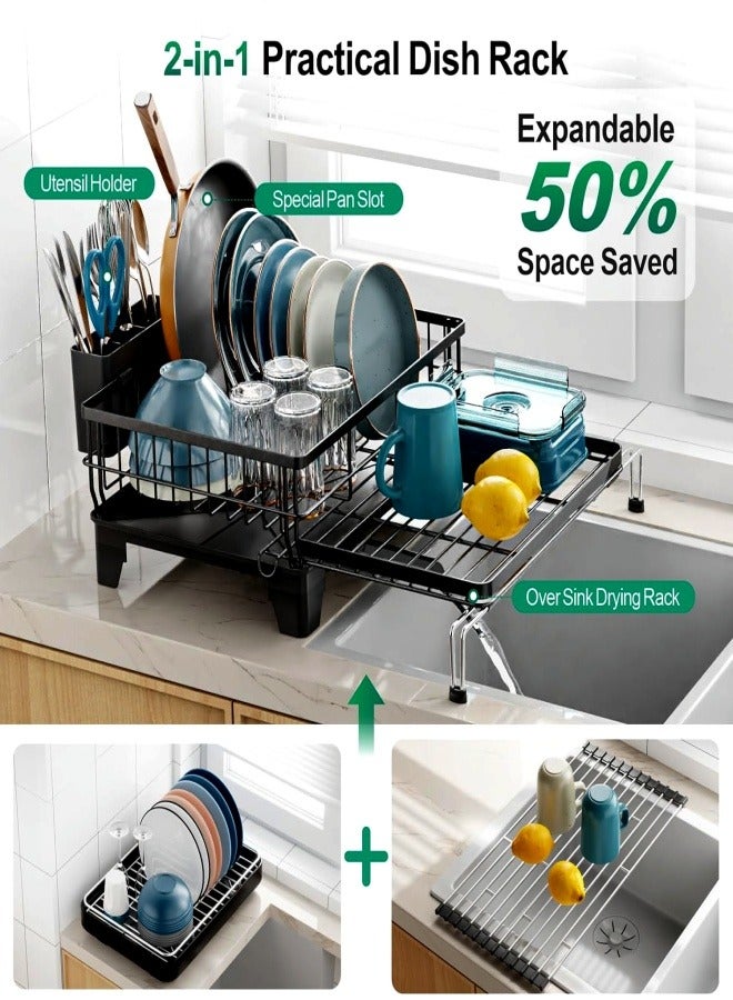 Extendable Stainless Steel Dish's Drying Racks, 2-in-1 Sink Organizer Kitchen Drainer with Utensil Holder's, Kitchen Organizer for Dishes, Spoons and Forks, Anti-Rust Countertop Storage Tray for Home Kitchen Organization - Image 5