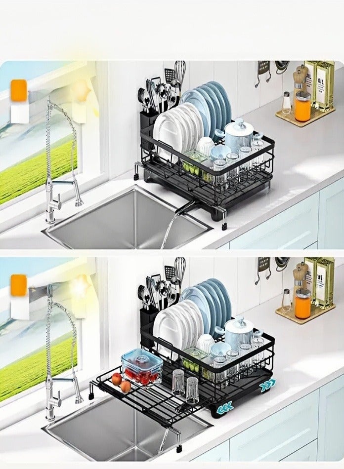 Extendable Stainless Steel Dish's Drying Racks, 2-in-1 Sink Organizer Kitchen Drainer with Utensil Holder's, Kitchen Organizer for Dishes, Spoons and Forks, Anti-Rust Countertop Storage Tray for Home Kitchen Organization - Image 1