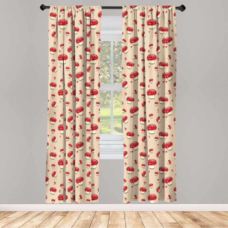 Ambesonne Ambesonne Mushroom Window Curtains Pack of 2  Woodland Themed Illustration of Spotted Toadstool Summer Season Forest Cartoon  Lightweight Set with Rod Pocket  4 Panels of - 28"" x 95""  Ivory Red - Image 2