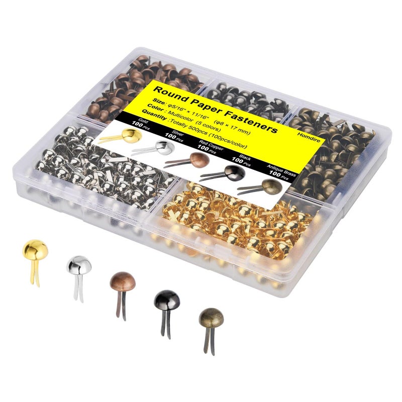Homdire Brads for Paper Crafts, 500pcs Multicolor Metal Paper Fasteners, 8x17mm Fasteners for Crafts, Paper Brads, Round Head Fasteners, Split Pin - Image 2