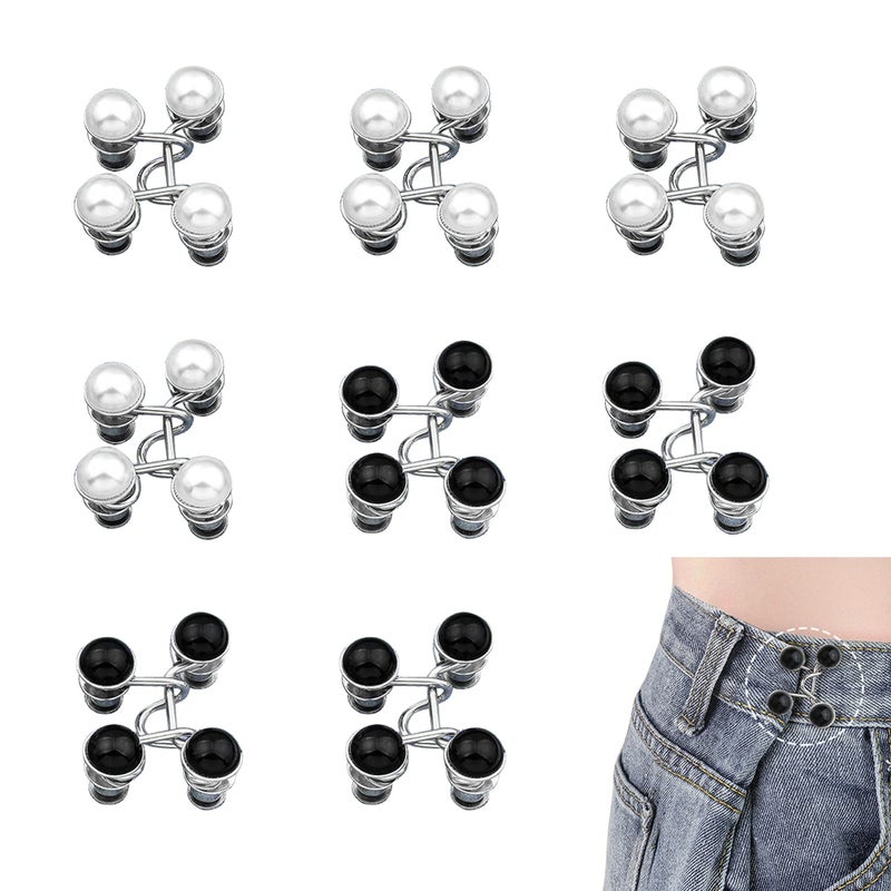 GTAAOY 8 Set Pant Waist Tightener Adjustable Waist Buckle Set Jean Buttons Pins No Sewing Required Jeans Button Replacement Pant Clips for Women Skirt Pant JeansWhite Black Pearl