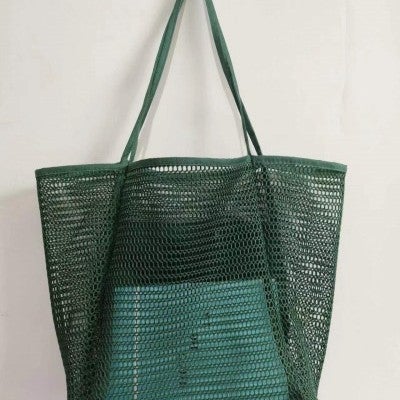 Multi-functional Casual Large Shoulder Shopping Bag Outdoor Swimming Beach Bag Breathable Visual Mesh Tote Bag Storage Bag Green 