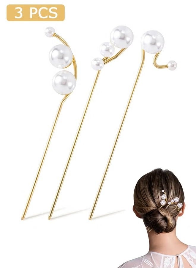 3 Pcs Pearl Hair Styling Pins, Crystal Metal Updo Head Piece, Vintage Diamond Hair Stick Accessories - Image 1