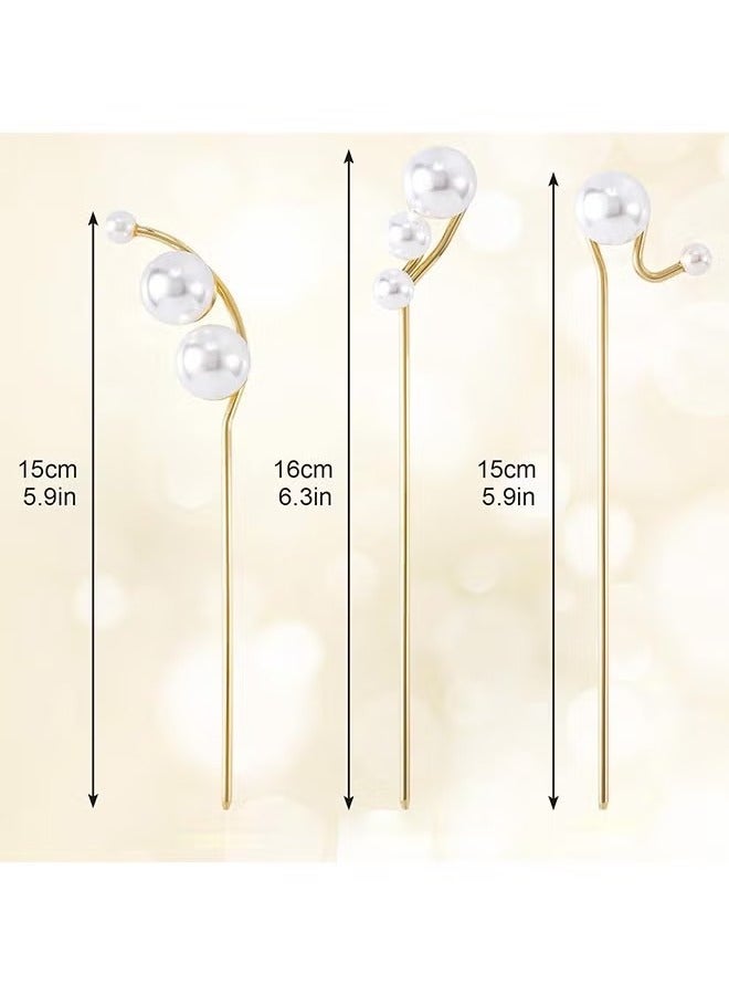 3 Pcs Pearl Hair Styling Pins, Crystal Metal Updo Head Piece, Vintage Diamond Hair Stick Accessories - Image 2