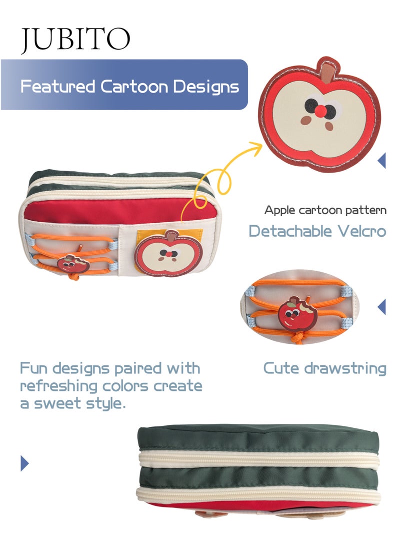 JUBITO pencil case, large capacity, compartmentalized pencil case, apple cartoon pattern, high-quality new green pencil case - Image 3
