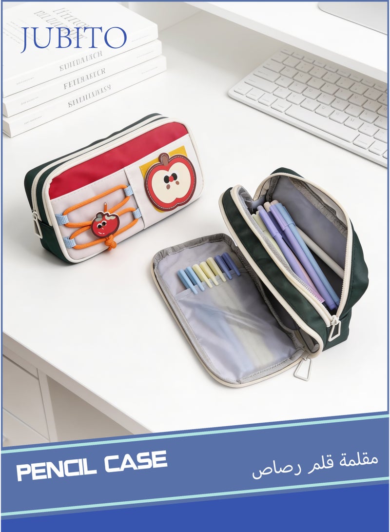 JUBITO pencil case, large capacity, compartmentalized pencil case, apple cartoon pattern, high-quality new green pencil case - Image 1