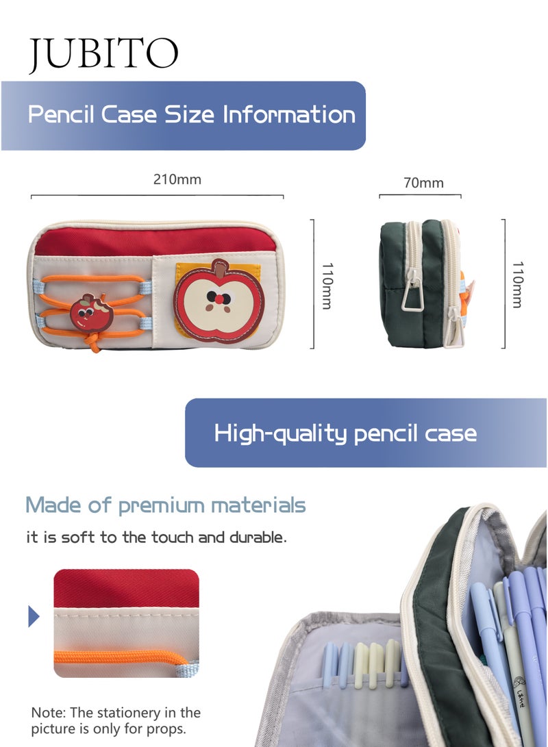 JUBITO pencil case, large capacity, compartmentalized pencil case, apple cartoon pattern, high-quality new green pencil case - Image 4