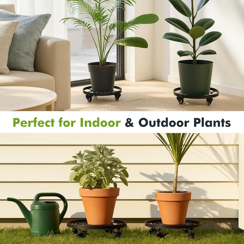 Planterhoma 4 Packs 13.6 Inch Large Metal Plant Caddy with Wheels Plant Dolly with Casters Heavy-duty Rolling Wheeled Plant Stand for Indoor Outdoor Flower Pot Mover Rollers Coasters Black, Strong Load Capacity - Image 5