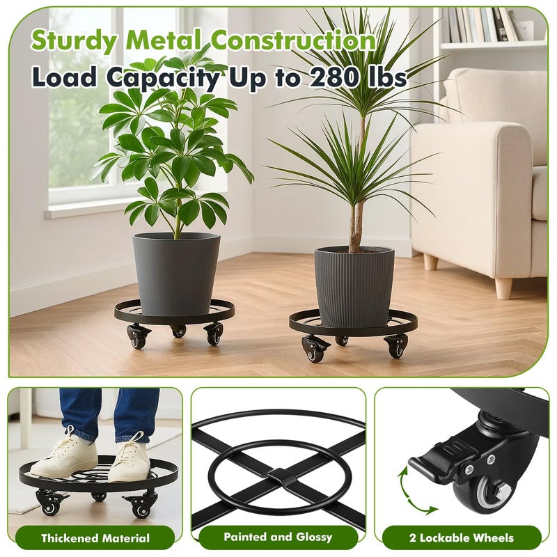 Planterhoma 4 Packs 13.6 Inch Large Metal Plant Caddy with Wheels Plant Dolly with Casters Heavy-duty Rolling Wheeled Plant Stand for Indoor Outdoor Flower Pot Mover Rollers Coasters Black, Strong Load Capacity - Image 4
