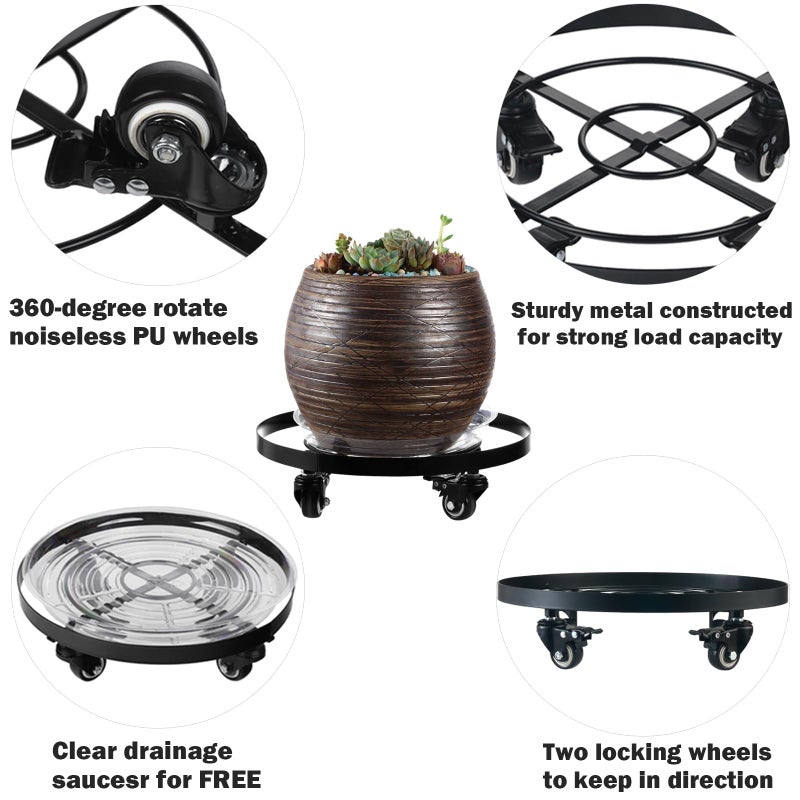 Planterhoma 4 Packs 13.6 Inch Large Metal Plant Caddy with Wheels Plant Dolly with Casters Heavy-duty Rolling Wheeled Plant Stand for Indoor Outdoor Flower Pot Mover Rollers Coasters Black, Strong Load Capacity - Image 2