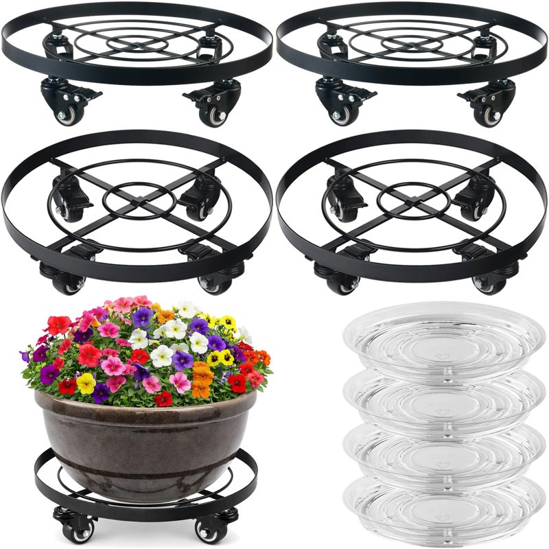 Planterhoma 4 Packs 13.6 Inch Large Metal Plant Caddy with Wheels Plant Dolly with Casters Heavy-duty Rolling Wheeled Plant Stand for Indoor Outdoor Flower Pot Mover Rollers Coasters Black, Strong Load Capacity - Image 1
