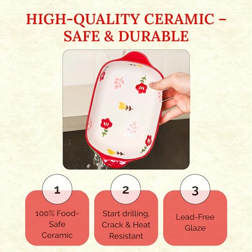 OLWICK Rectangular 2Pcs Ceramic Serving Bowl/Dish, 600ml Baking Dish, Microwave Safe Casserole Dishes for Oven, Lasagna Pans Deep with Handles for Kitchen (Red) - Image 4