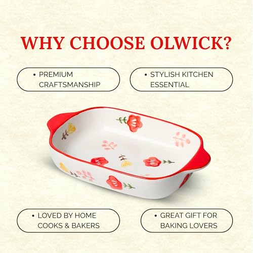 OLWICK Rectangular 2Pcs Ceramic Serving Bowl/Dish, 600ml Baking Dish, Microwave Safe Casserole Dishes for Oven, Lasagna Pans Deep with Handles for Kitchen (Red) - Image 3
