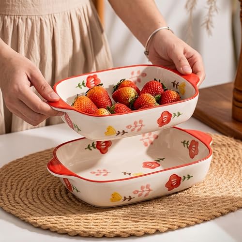 OLWICK Rectangular 2Pcs Ceramic Serving Bowl/Dish, 600ml Baking Dish, Microwave Safe Casserole Dishes for Oven, Lasagna Pans Deep with Handles for Kitchen (Red) - Image 1
