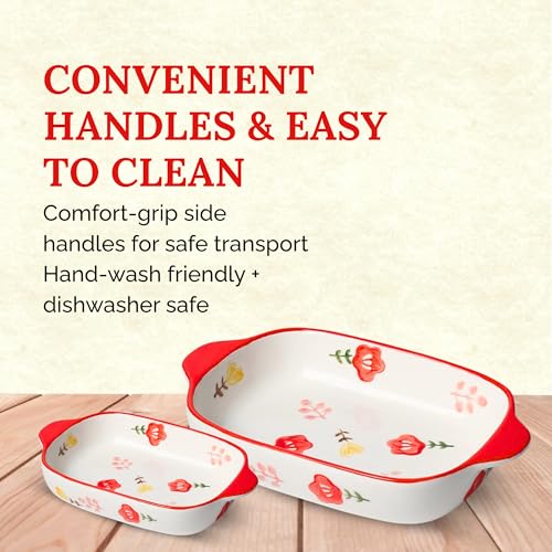 OLWICK Rectangular 2Pcs Ceramic Serving Bowl/Dish, 600ml Baking Dish, Microwave Safe Casserole Dishes for Oven, Lasagna Pans Deep with Handles for Kitchen (Red) - Image 5