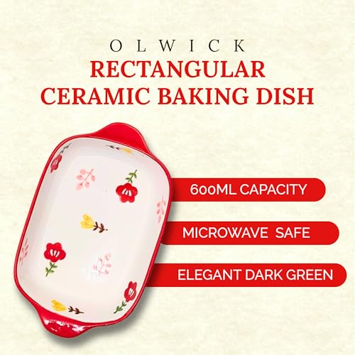 OLWICK Rectangular 2Pcs Ceramic Serving Bowl/Dish, 600ml Baking Dish, Microwave Safe Casserole Dishes for Oven, Lasagna Pans Deep with Handles for Kitchen (Red) - Image 2