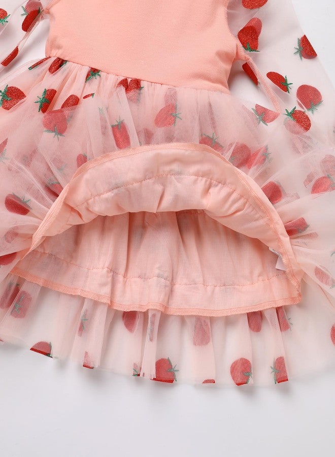 IBAKOM Baby Girl Strawberry Tulle Tutu My First 2nd 3t Birthday Valentine's Dress Toddler Mesh Long Sleeve Cake Smash Outfits Infant Flower Girl Wedding Dress Pink-Berry 18-24 Months - Image 5
