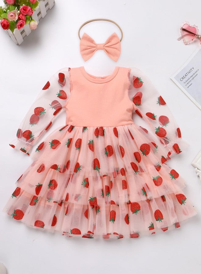 IBAKOM Baby Girl Strawberry Tulle Tutu My First 2nd 3t Birthday Valentine's Dress Toddler Mesh Long Sleeve Cake Smash Outfits Infant Flower Girl Wedding Dress Pink-Berry 18-24 Months - Image 4