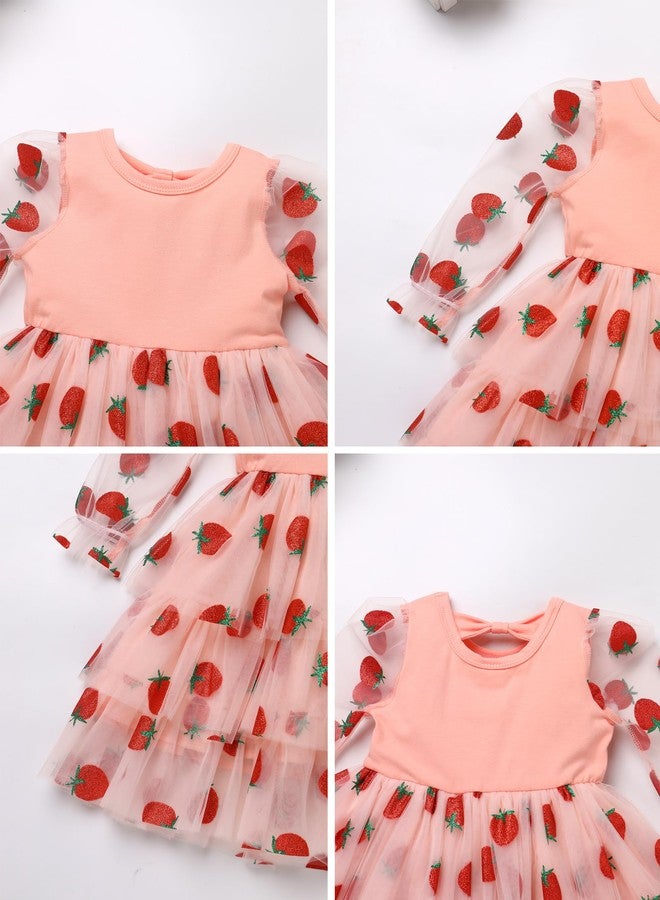 IBAKOM Baby Girl Strawberry Tulle Tutu My First 2nd 3t Birthday Valentine's Dress Toddler Mesh Long Sleeve Cake Smash Outfits Infant Flower Girl Wedding Dress Pink-Berry 18-24 Months - Image 3