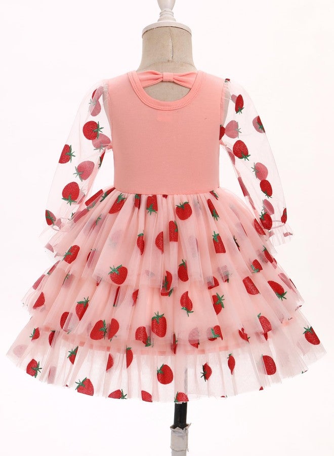 IBAKOM Baby Girl Strawberry Tulle Tutu My First 2nd 3t Birthday Valentine's Dress Toddler Mesh Long Sleeve Cake Smash Outfits Infant Flower Girl Wedding Dress Pink-Berry 18-24 Months - Image 2