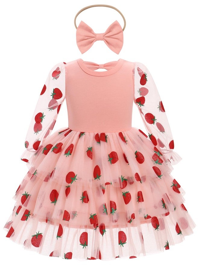 IBAKOM Baby Girl Strawberry Tulle Tutu My First 2nd 3t Birthday Valentine's Dress Toddler Mesh Long Sleeve Cake Smash Outfits Infant Flower Girl Wedding Dress Pink-Berry 18-24 Months - Image 1