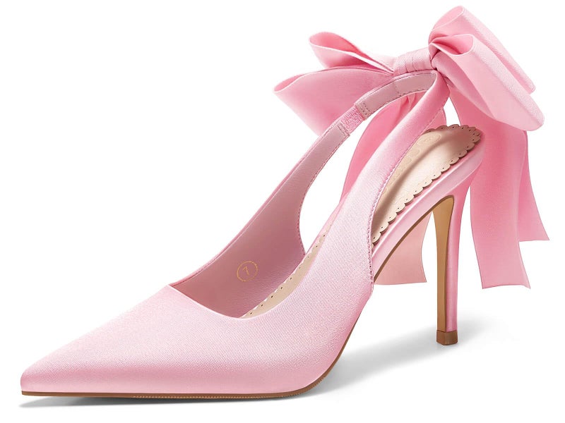 Coutgo Womens Slingback High Heels with Bow Closed Pointed Toe Wedding Bride Dress Shoes Satin Pumps, Pink, Size 8.5 - Image 1