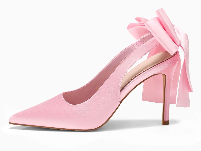 Coutgo Womens Slingback High Heels with Bow Closed Pointed Toe Wedding Bride Dress Shoes Satin Pumps, Pink, Size 8.5 - Image 4
