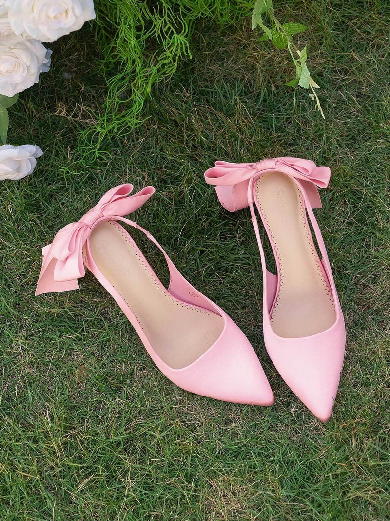 Coutgo Womens Slingback High Heels with Bow Closed Pointed Toe Wedding Bride Dress Shoes Satin Pumps, Pink, Size 8.5 - Image 3