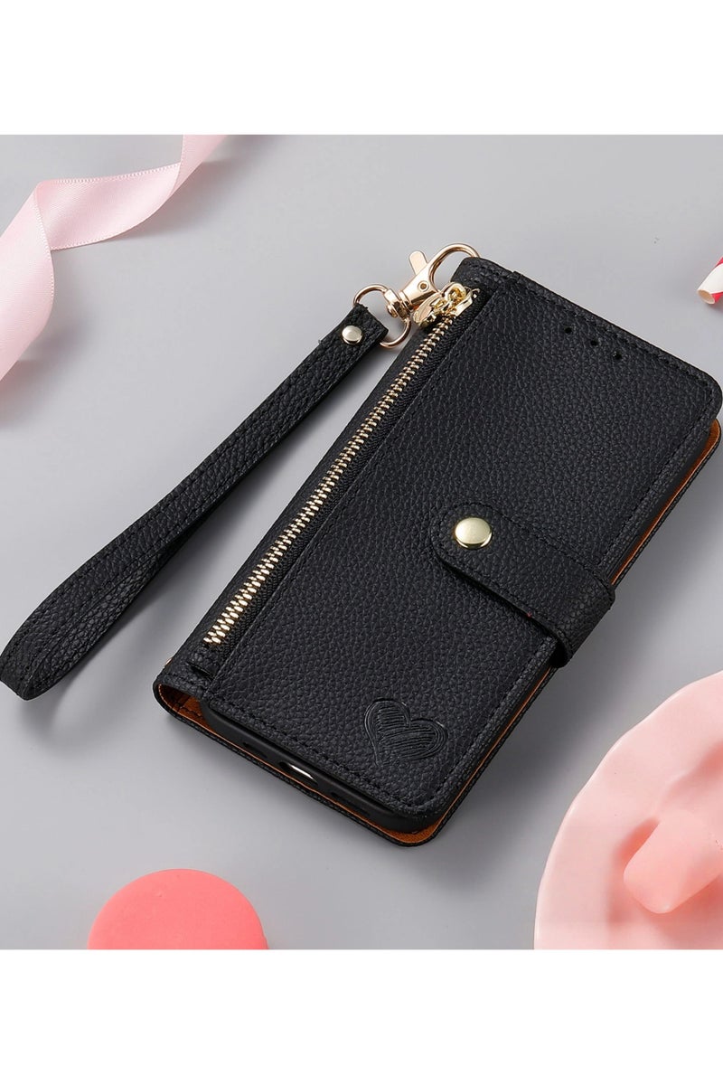 general Wallet Style Phone Case for Honor 400 2025 5G Zipper Pocket Wallet with Shoulder Strap Wrist Strap, PU Leather Stand RFID Flip Card Holder
