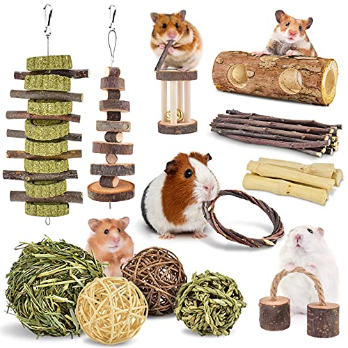 ERKOON New 12 Pack Hamster Chew Toys Gerbil Rat Guinea Pig Chinchilla Chew Toys Accessories Natural Wooden Dumbbells Exercise Bell Roller Teeth Care Molar Toy for Rabbits Bird Rabbits Hamster Gerbil - Image 1