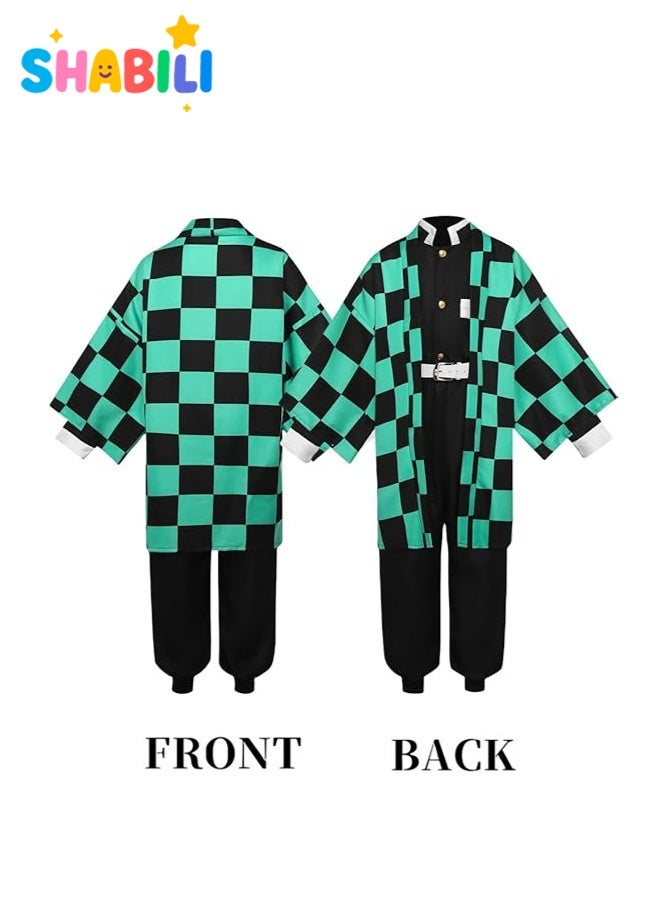 SHABILI Tanjiro Kamado Demon Slayer Kimetsu no Yaiba Cosplay Costume Set for Kids, Linen Checkered Kimono Outfit for Boys Role Play, Halloween Parties, School Events and Performances, Ideal Anime Gift for Fans (Green) - Image 3
